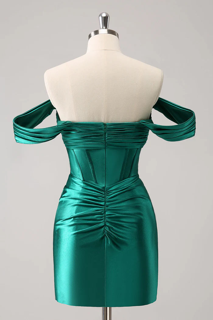 Weitese Dress Dark Green Tight Off the Shoulder Corset Satin Homecoming Dress Pleats Sleeveless Bow Party Dress